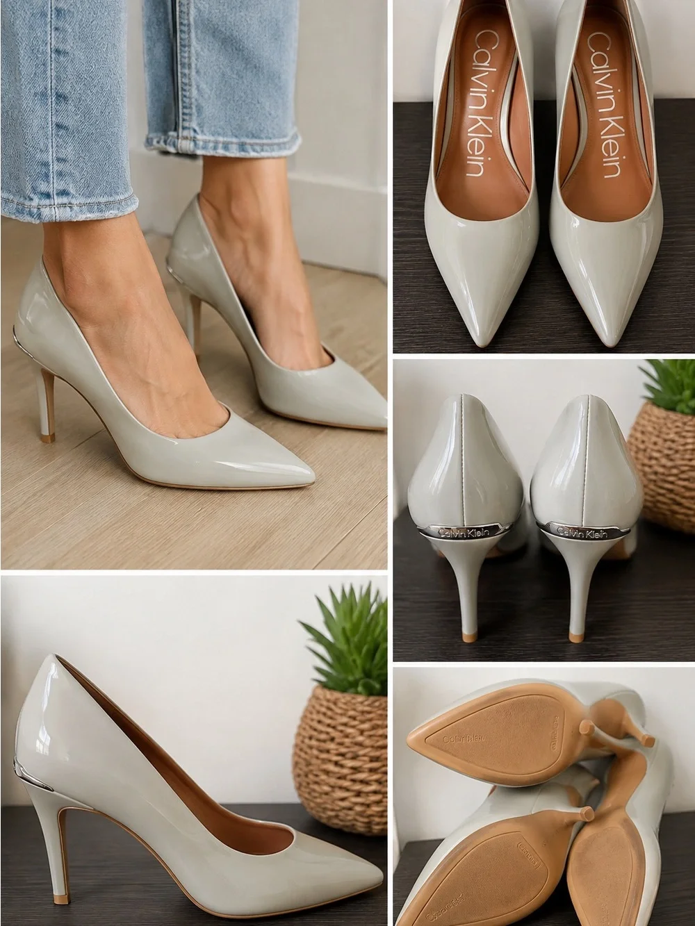 Calvin Klein Pale Sage Gray Patent Pointed-Toe Stiletto Pumps 7.5